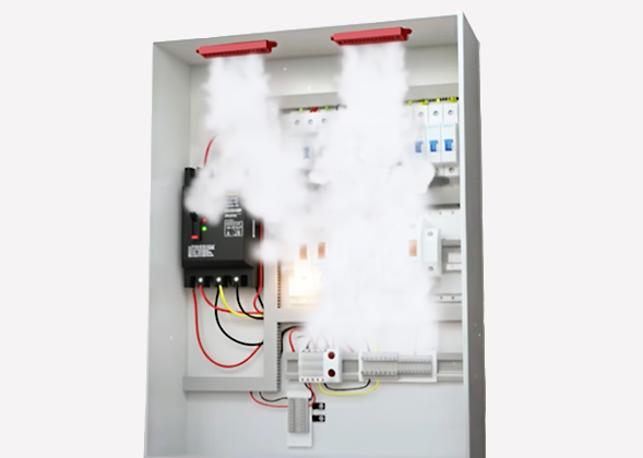 分電盤内でKESTICが作動して消火する様子